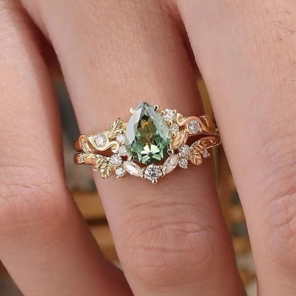 Golden Leaves And Flowers Couple Rings