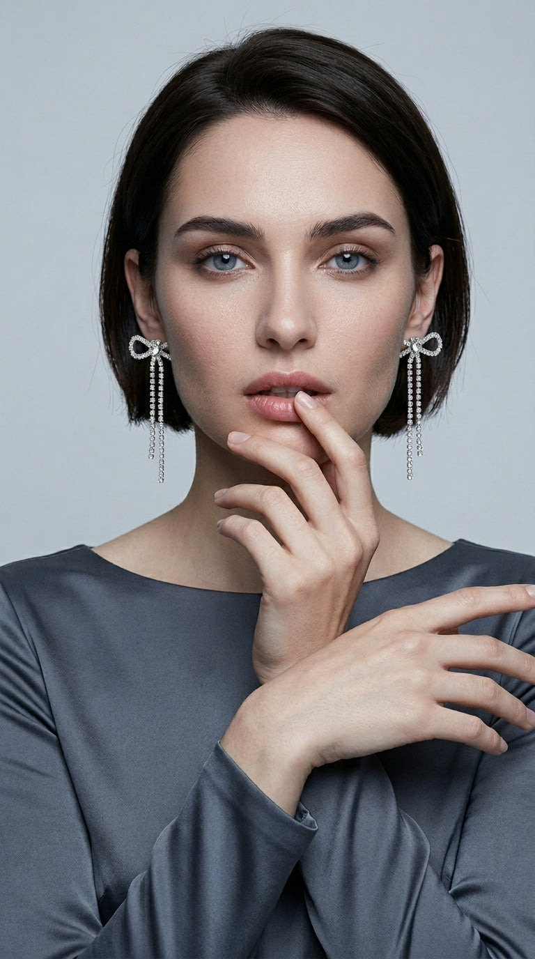 Silver Bow Earrings for Women - Long Silver Earrings for Women Silver Tone Bow Stud Earrings for Women Dangling Earrings for Women Sparkly Dangle Earrings Bow Earrings Silver Statement Earrings