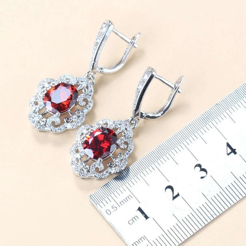 Garnet Cubic Zirconia Earrings Pendant Necklace Bracelet Ring Gift 4 PCs Set LaDidier Jewelry
