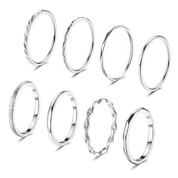 YADOCA 8Pcs 1MM 2MM Stainless Steel Rings for Women Men Minimalist Fashion Dainty Plain Thin Knuckle Stacking Midi Thumb Rings Stackable Statement Band Rings Set Silver Tone Size 7