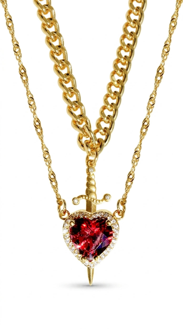 New Heart And Sword Necklace Set Gold Color Stainless Steel Crystal Couple Necklaces For Women Men Boyfriend Girlfriend Gifts