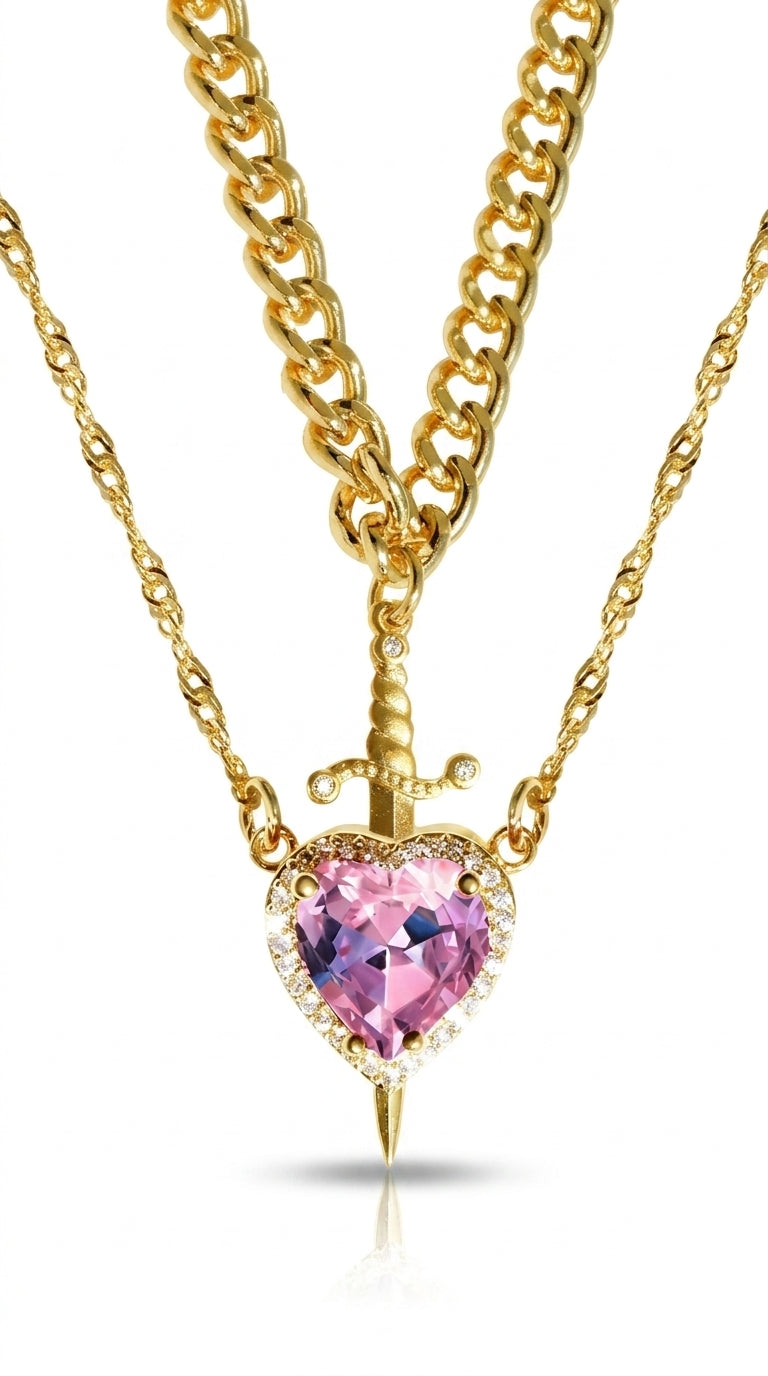 New Heart And Sword Necklace Set Gold Color Stainless Steel Crystal Couple Necklaces For Women Men Boyfriend Girlfriend Gifts