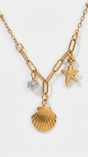 18K Gold Stainless Steel White Zircon Hammered Starfish Pendant Necklace