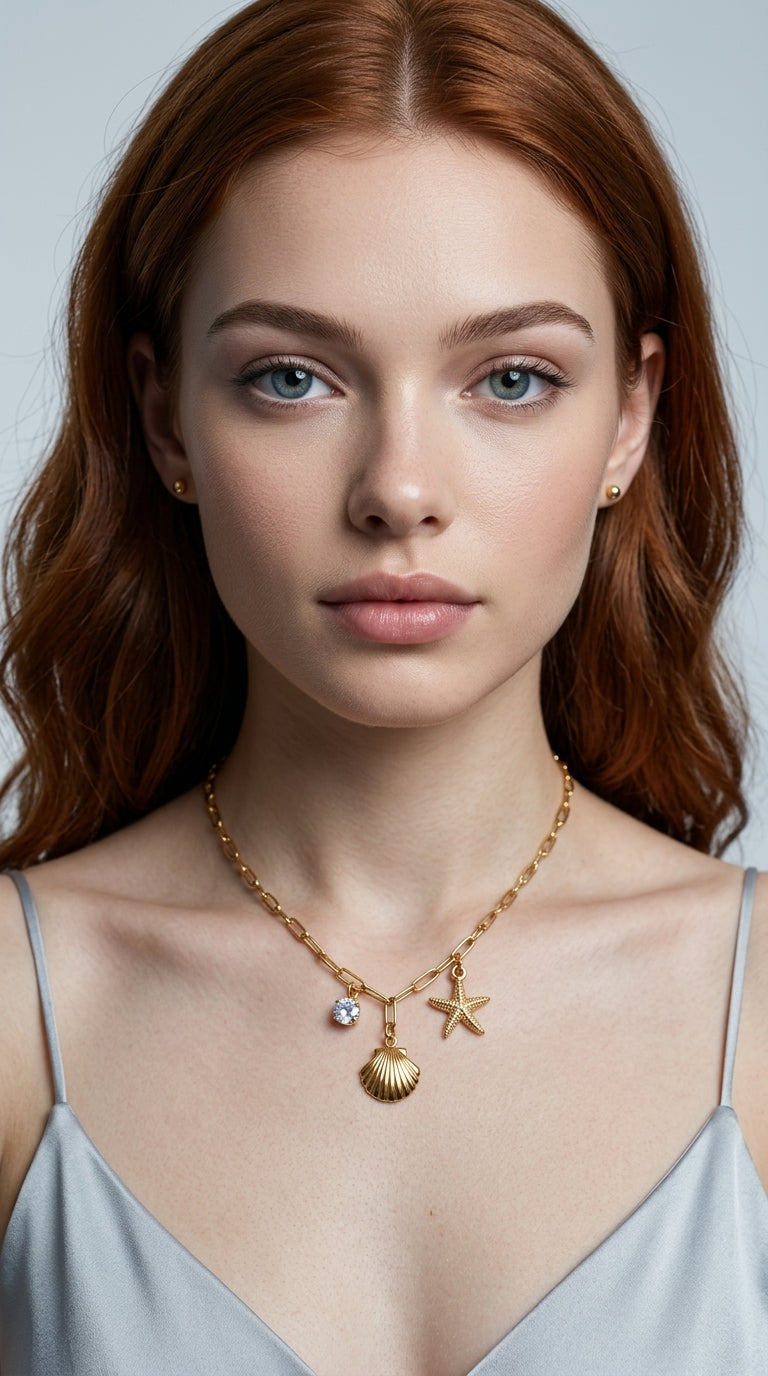 18K Gold Stainless Steel White Zircon Hammered Starfish Pendant Necklace