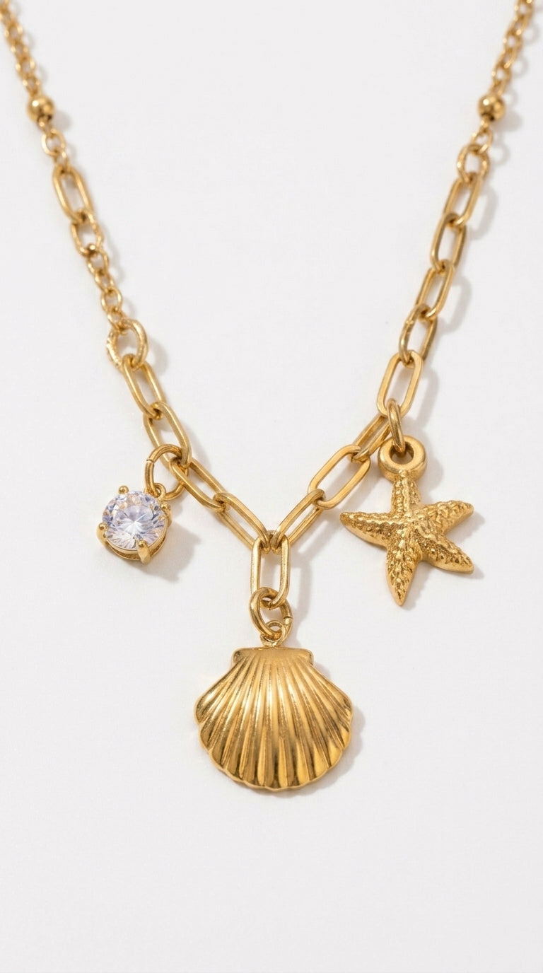 18K Gold Stainless Steel White Zircon Hammered Starfish Pendant Necklace