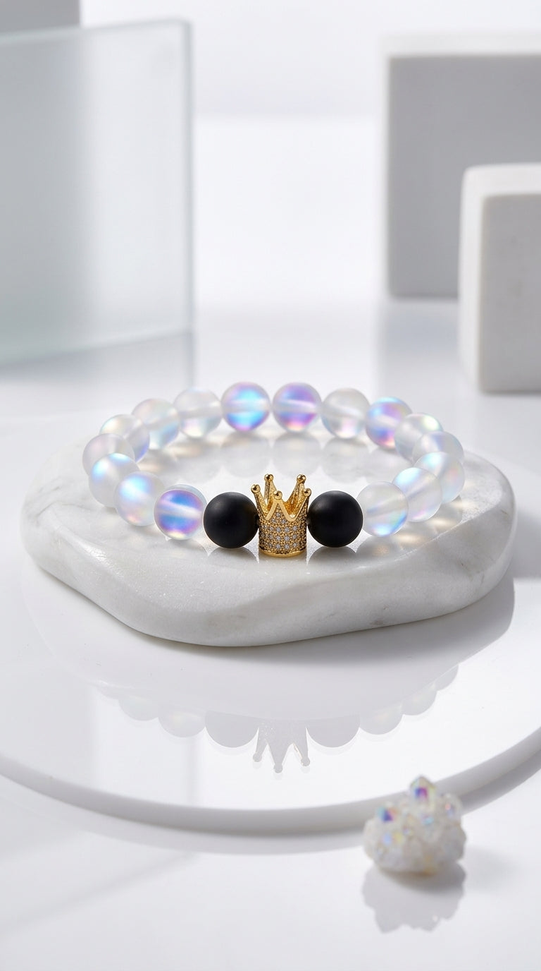 2pcs/set 8mm Stone Beaded Bracelet Lovers Crystal Crown Couple Bracelets & Bangles Pulsera