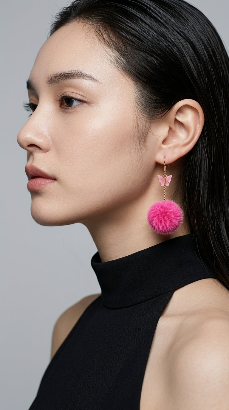 Pom Pom Earrings for Women Trendy Butterfly Puffy Dangle Earrings Faux Fur Ball Fluffy Earrings Rave Earrings Prom earrings Puffy Round Earrings Fun Fairy Earrings for Women