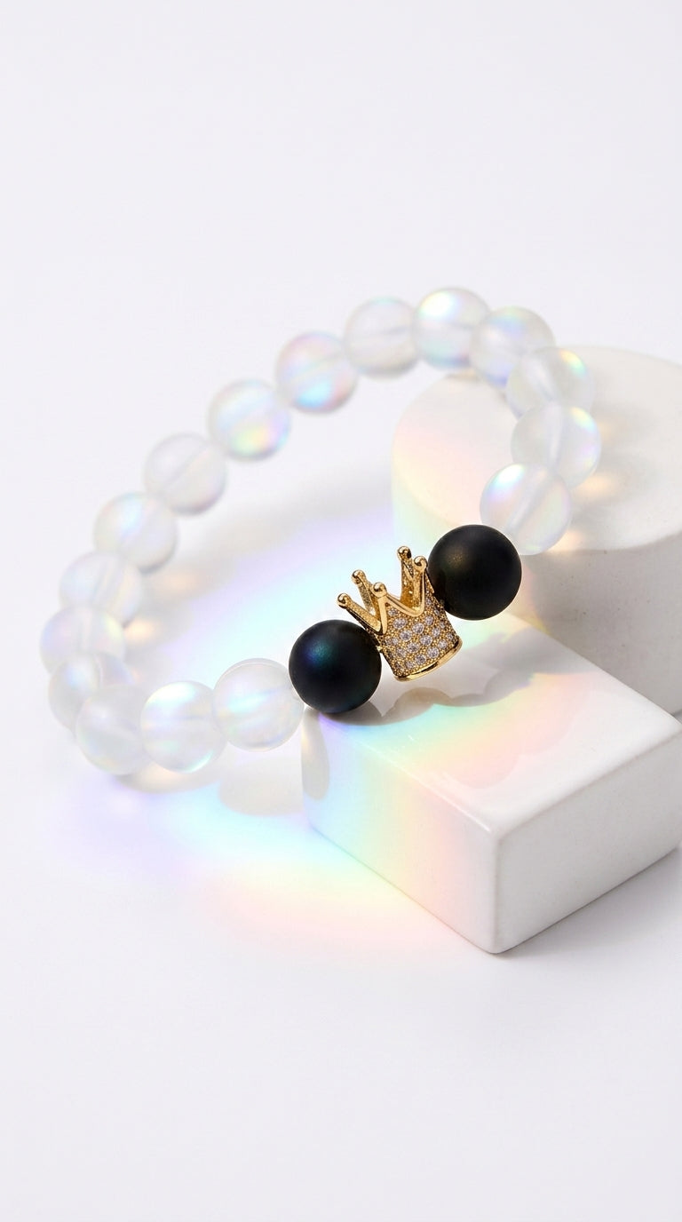 2pcs/set 8mm Stone Beaded Bracelet Lovers Crystal Crown Couple Bracelets & Bangles Pulsera