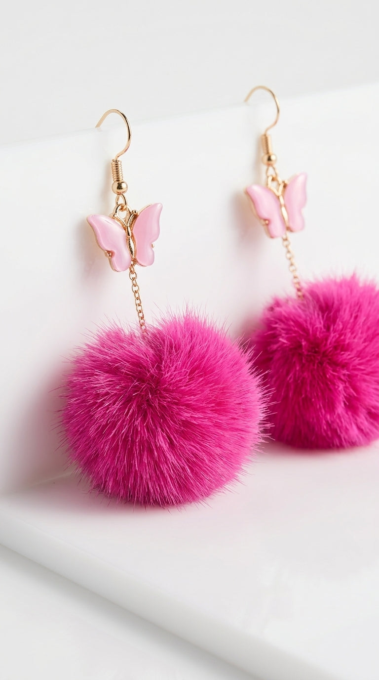Pom Pom Earrings for Women Trendy Butterfly Puffy Dangle Earrings Faux Fur Ball Fluffy Earrings Rave Earrings Prom earrings Puffy Round Earrings Fun Fairy Earrings for Women