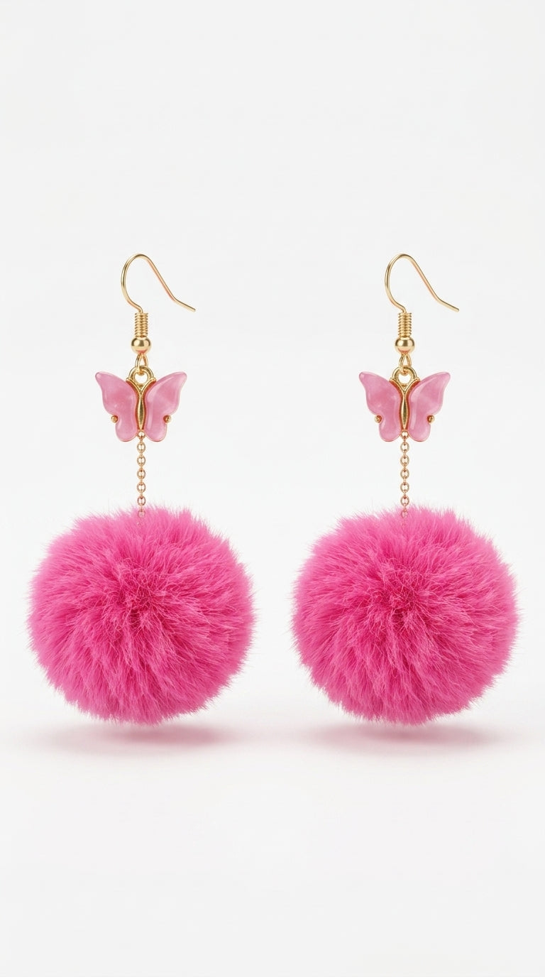 Pom Pom Earrings for Women Trendy Butterfly Puffy Dangle Earrings Faux Fur Ball Fluffy Earrings Rave Earrings Prom earrings Puffy Round Earrings Fun Fairy Earrings for Women
