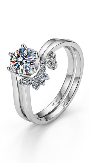 Moissanite Rhodium-Plated Two-Piece Ring Set