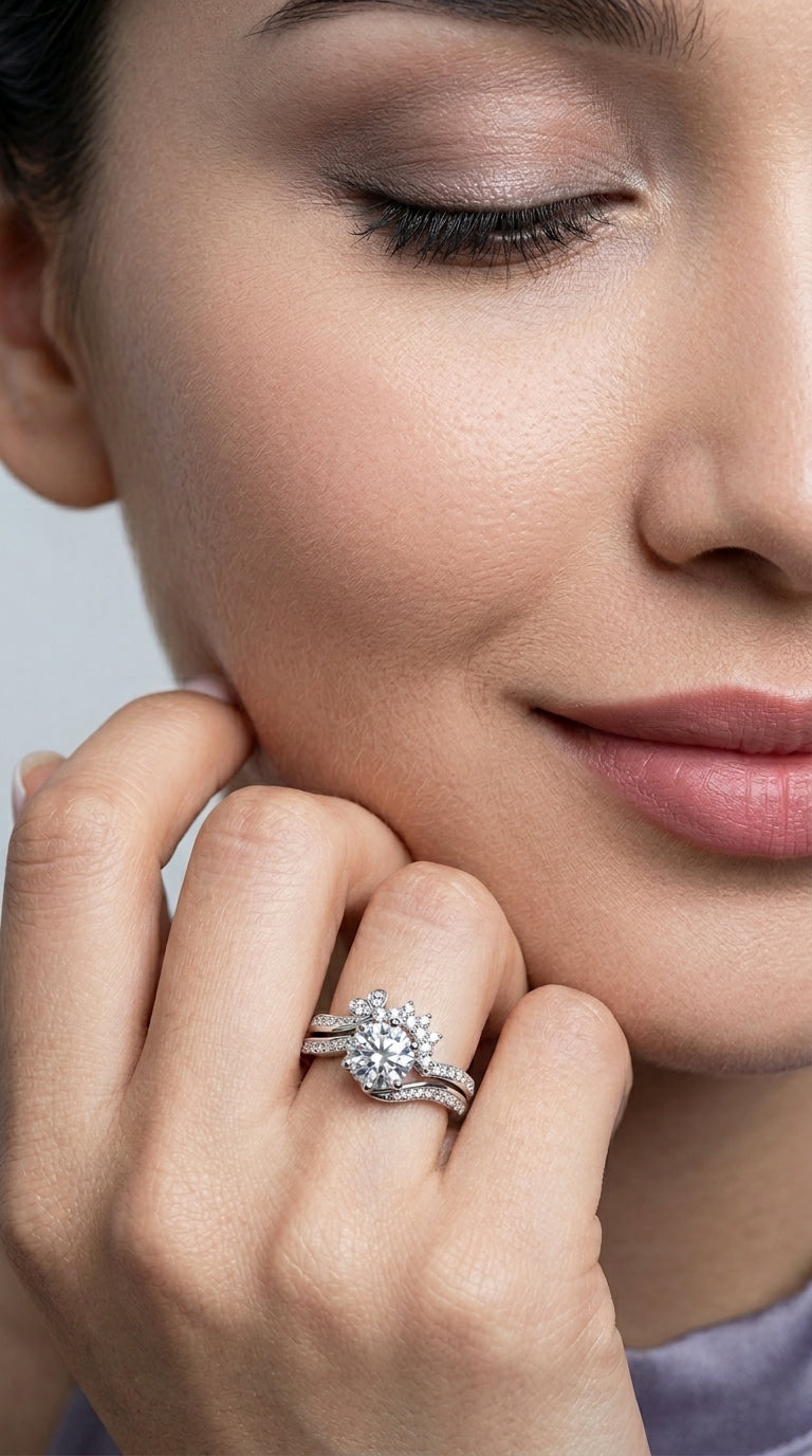 Moissanite Rhodium-Plated Two-Piece Ring Set