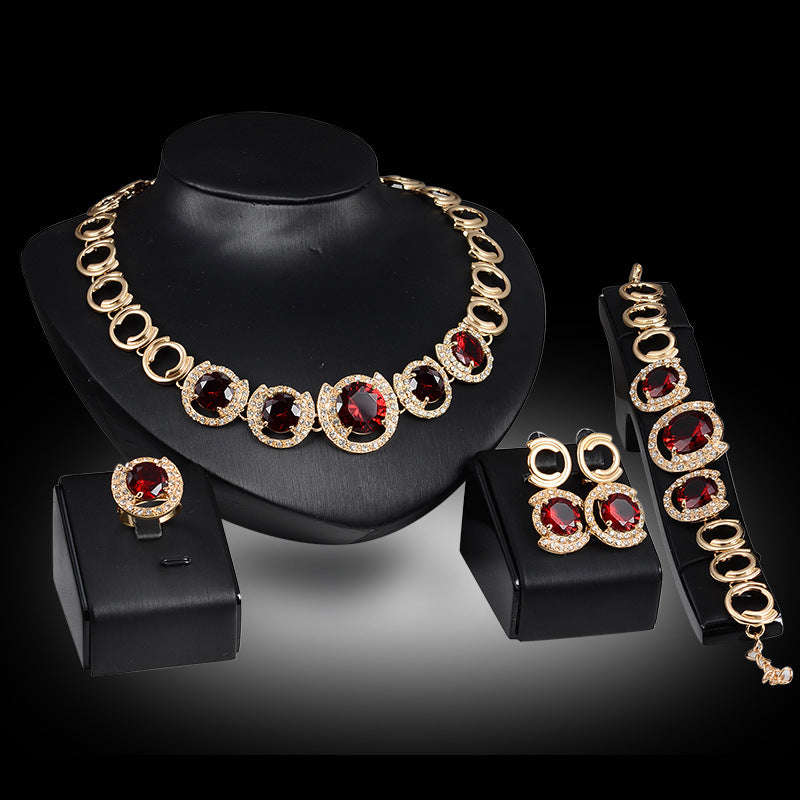 Wedding Bridal Accessories Gold Color Crystal Green Red Zircon Pendant Necklace Earrings Ring Women Wedding Bridal Jewelry Sets LaDidier Jewelry