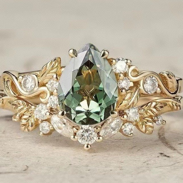 Golden Leaves And Flowers Couple Rings