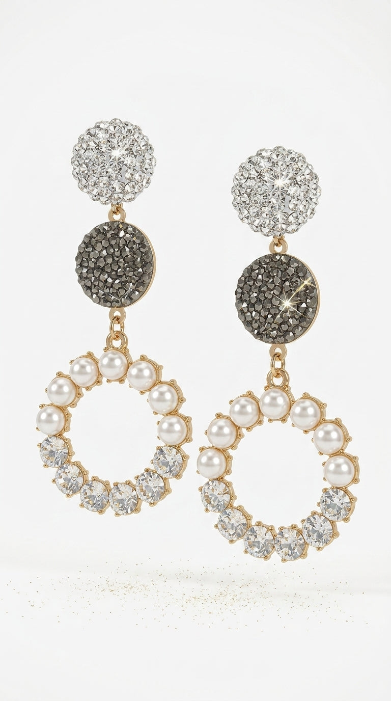 Round Earrings, Long Earrings, Rhinestone Pearl Earrings