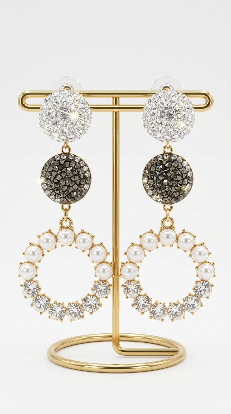 Round Earrings, Long Earrings, Rhinestone Pearl Earrings