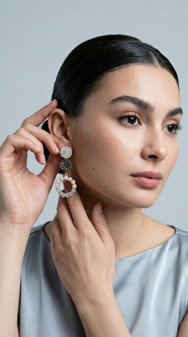 Round Earrings, Long Earrings, Rhinestone Pearl Earrings