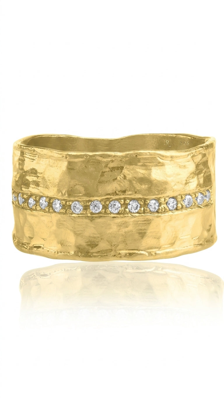 14K Gold Over Sterling Silver Statement Rings With 0.13 TCW Half Eternity Cubic Zirconia Hammered Wide Band Gold Rings Gifts For Women Aesthetic Jewelry Rings For Women Jewelry For Women Size 5