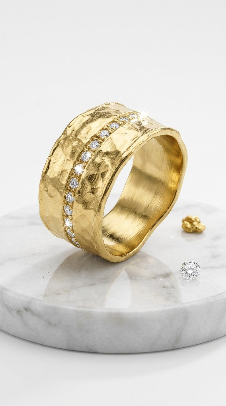 14K Gold Over Sterling Silver Statement Rings With 0.13 TCW Half Eternity Cubic Zirconia Hammered Wide Band Gold Rings Gifts For Women Aesthetic Jewelry Rings For Women Jewelry For Women Size 5