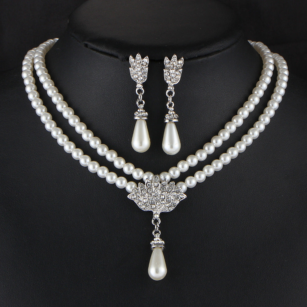Jewelry Bridal Pearl Crystal Diamond Short Clavicle Neck Necklace Set LaDidier Jewelry