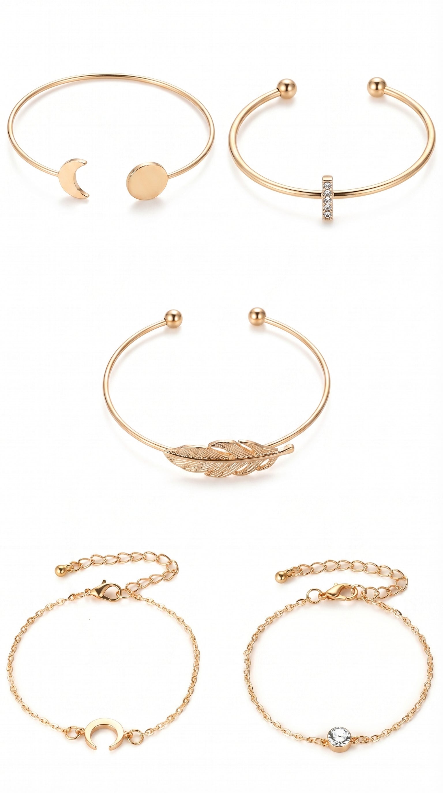 Five Pieces Ladies Bracelets Boho Punk Moon Leaf Crystal Protein Bracelet Set Boho Beach Bracelet Jewelry