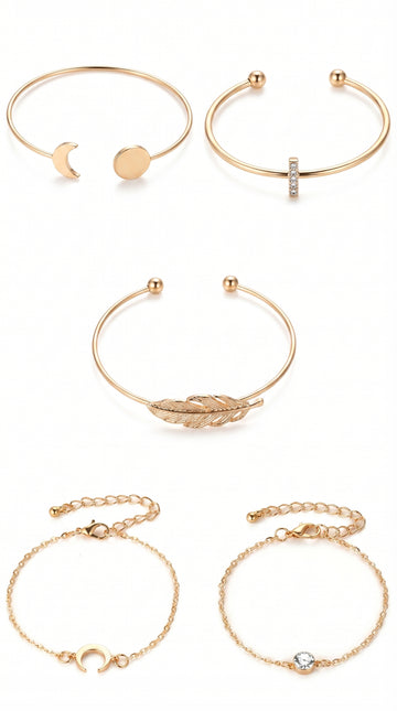 Five Pieces Ladies Bracelets Boho Punk Moon Leaf Crystal Protein Bracelet Set Boho Beach Bracelet Jewelry