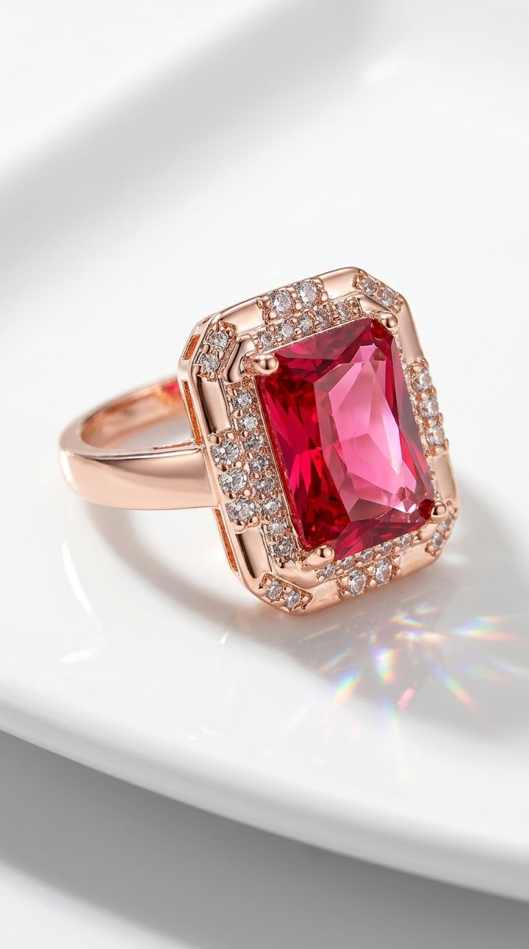 Narica Womens Yellow Gold Plated Radiant Cut Created Garnet CZ Cubic Zirconia Filled Statement Rings Wedding Engagement Proposal Band for Mom 9# 11-Red