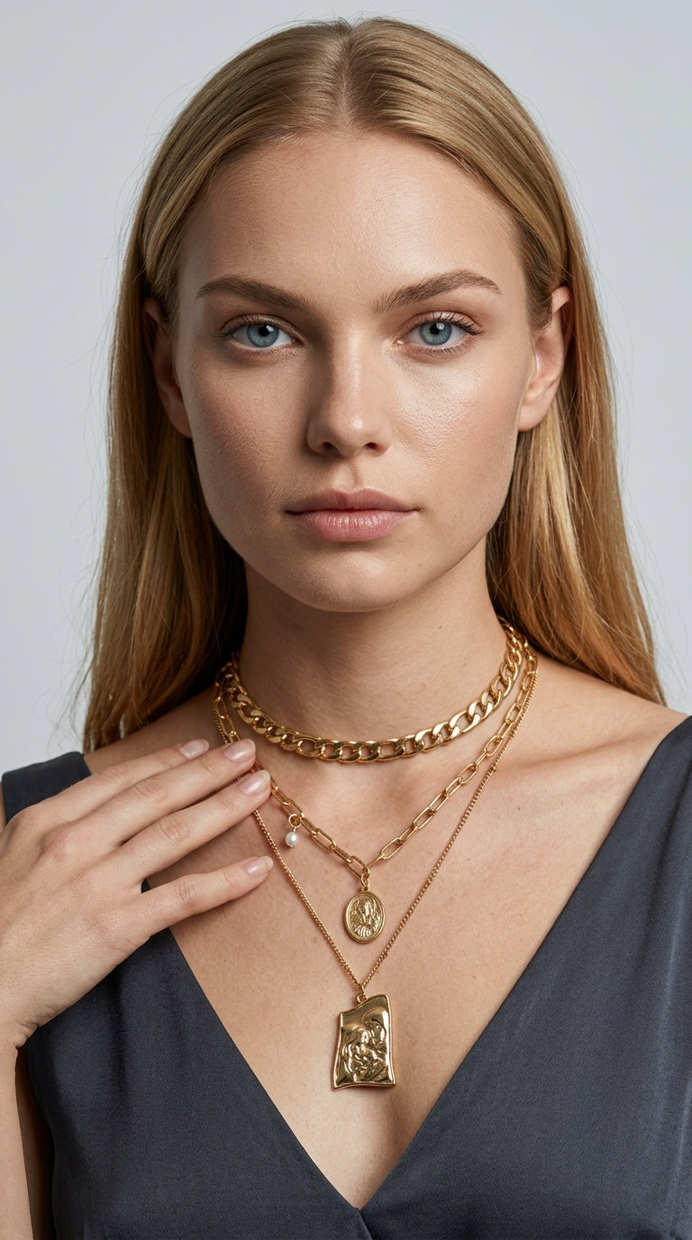 Vintage Punk Multi Layered Women's Pearl Necklaces Fashion Long Geometric Portait Pendant Necklace