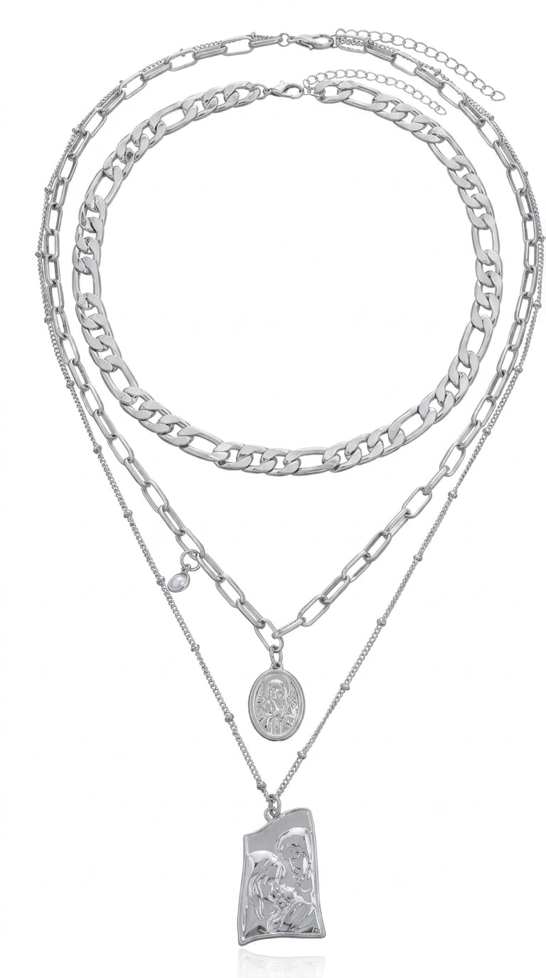 Vintage Punk Multi Layered Women's Pearl Necklaces Fashion Long Geometric Portait Pendant Necklace