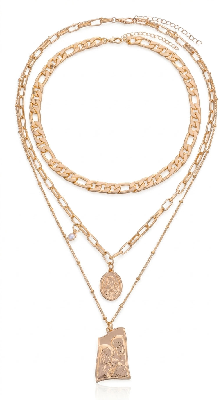Vintage Punk Multi Layered Women's Pearl Necklaces Fashion Long Geometric Portait Pendant Necklace