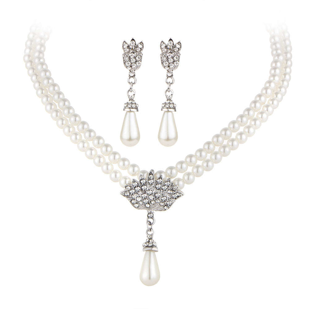 Jewelry Bridal Pearl Crystal Diamond Short Clavicle Neck Necklace Set LaDidier Jewelry