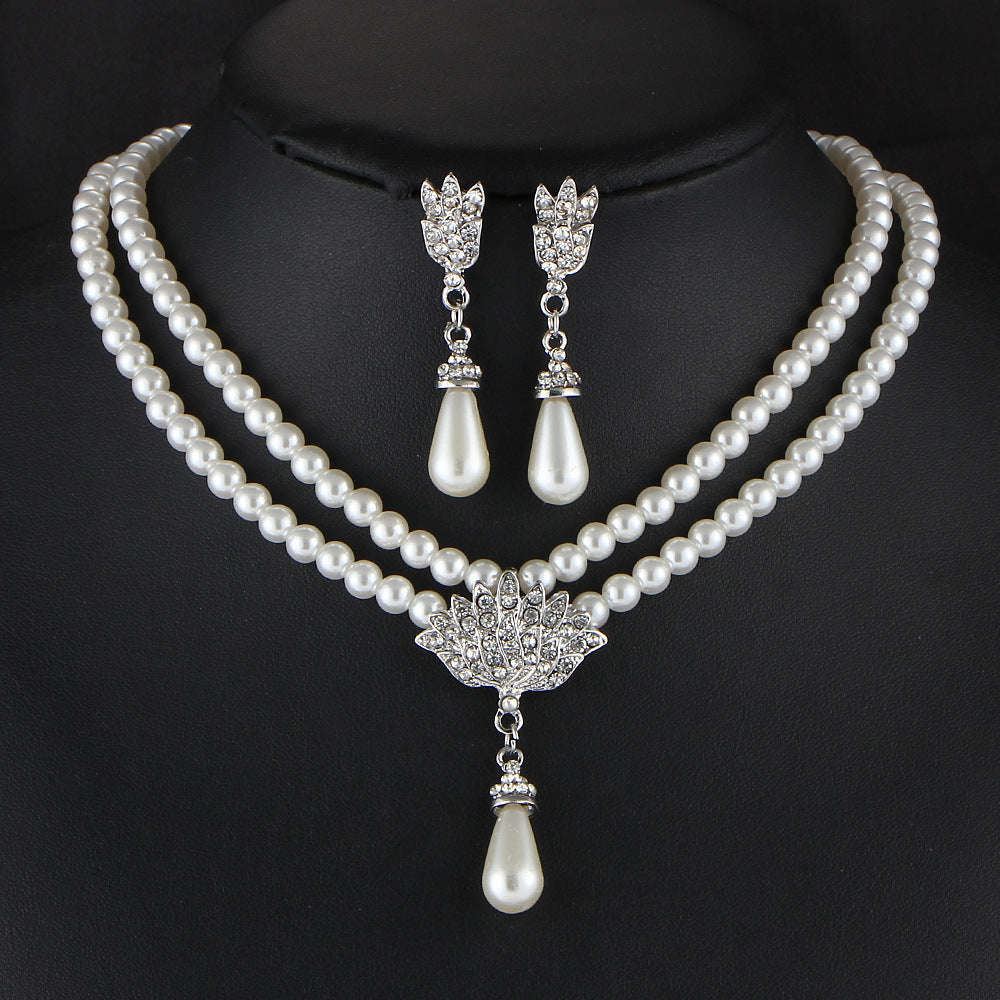 Jewelry Bridal Pearl Crystal Diamond Short Clavicle Neck Necklace Set LaDidier Jewelry