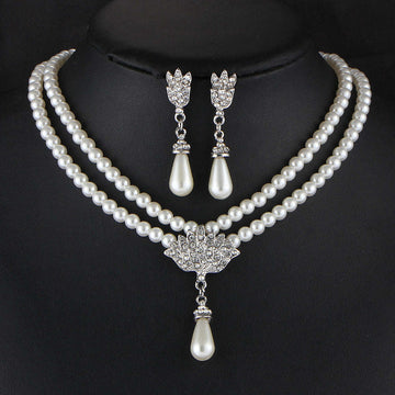 Jewelry Bridal Pearl Crystal Diamond Short Clavicle Neck Necklace Set LaDidier Jewelry