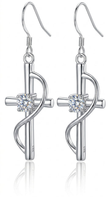 Cross Earrings with Diamonds, Long Drop Earrings