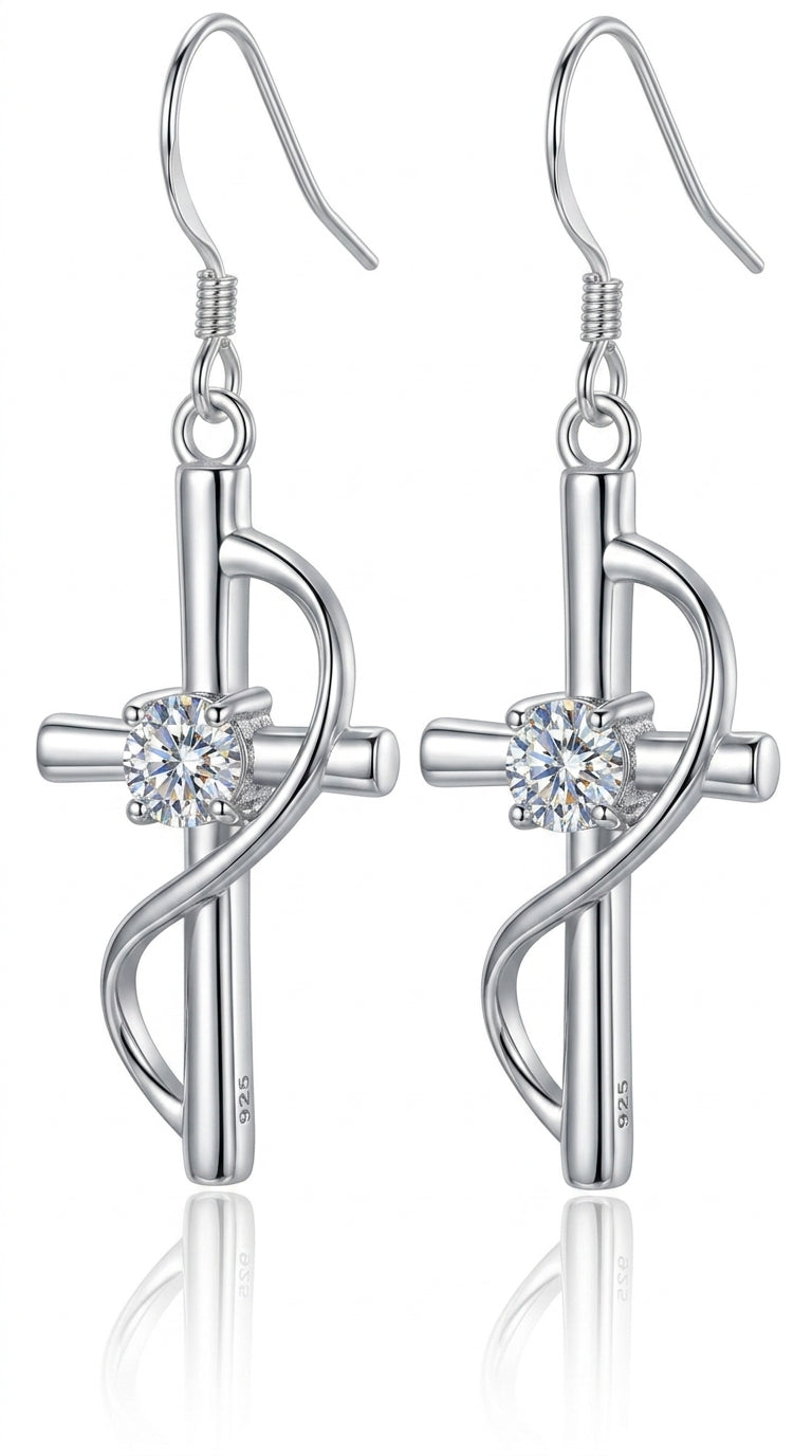 Cross Earrings with Diamonds, Long Drop Earrings