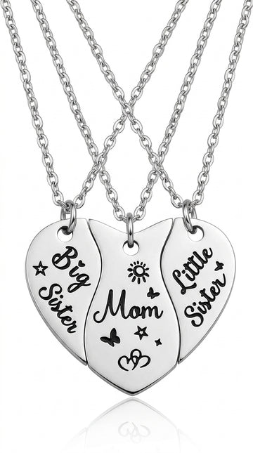 3 PCS Heart-shaped Matching Mom Sisters Necklace Set Stainless Steel Mother Daughter Necklaces