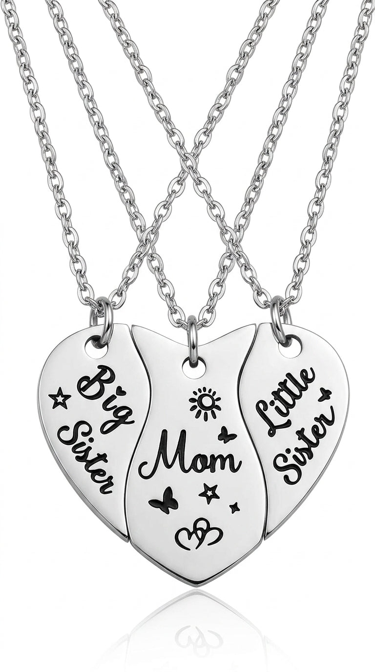 3 PCS Heart-shaped Matching Mom Sisters Necklace Set Stainless Steel Mother Daughter Necklaces