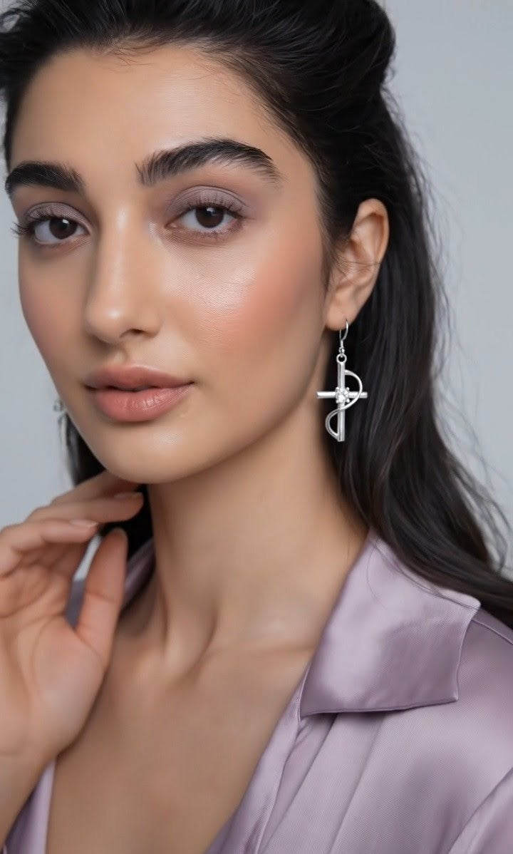 Cross Earrings with Diamonds, Long Drop Earrings