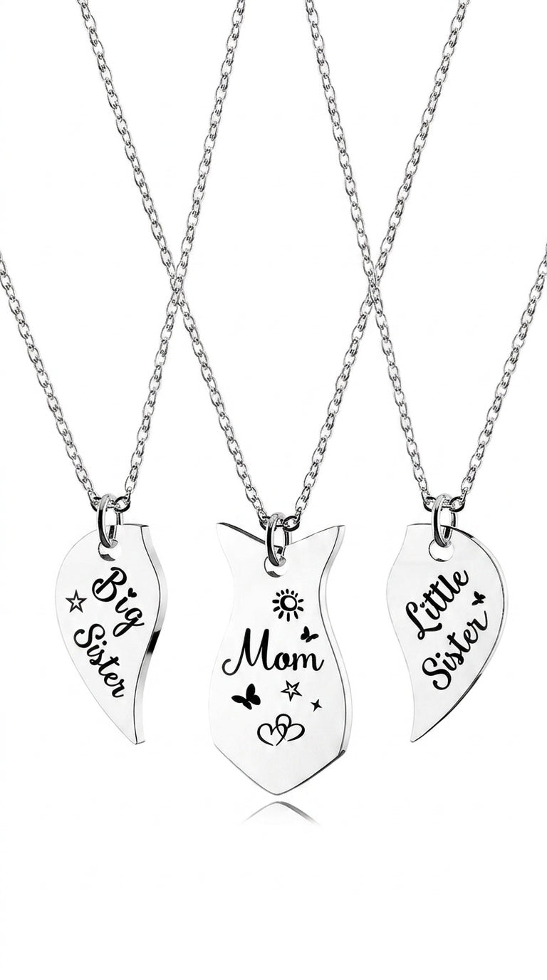 3 PCS Heart-shaped Matching Mom Sisters Necklace Set Stainless Steel Mother Daughter Necklaces