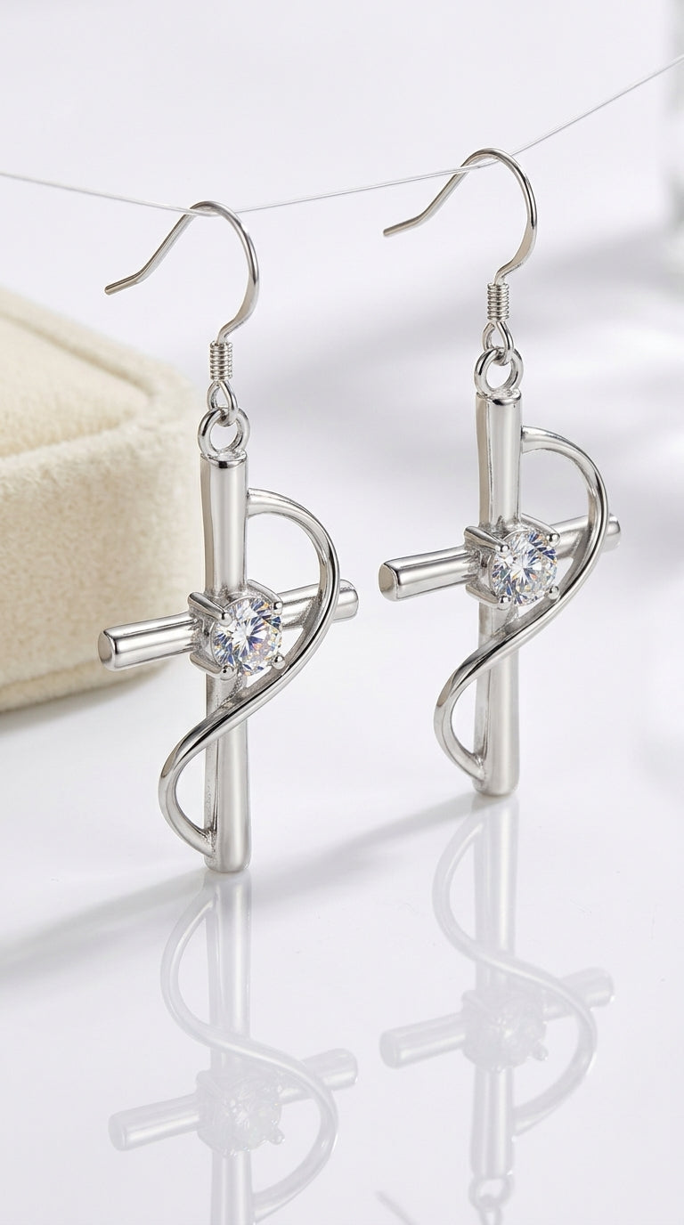 Cross Earrings with Diamonds, Long Drop Earrings