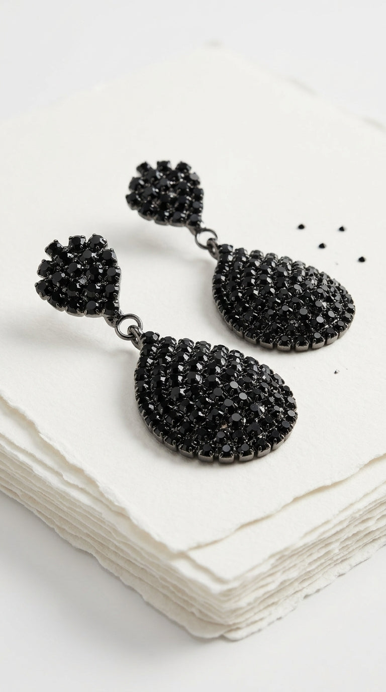 Black Clip On Earrings Teardrop Earrings Rhinestone Crystals Dangle Earrings Statement Chandelier Drop Earrings for Women (Black Clip-On)