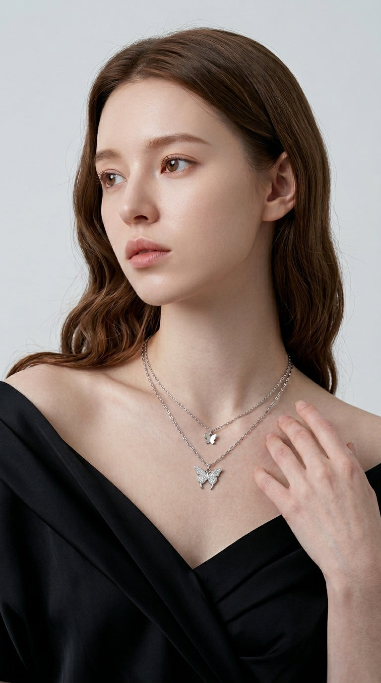 Fashion Jewelry Elegant Silver Color Shiny Butterfly Necklaces Ladies Exquisite Double Layer Clavicle Chain Necklace Jewelry Gift