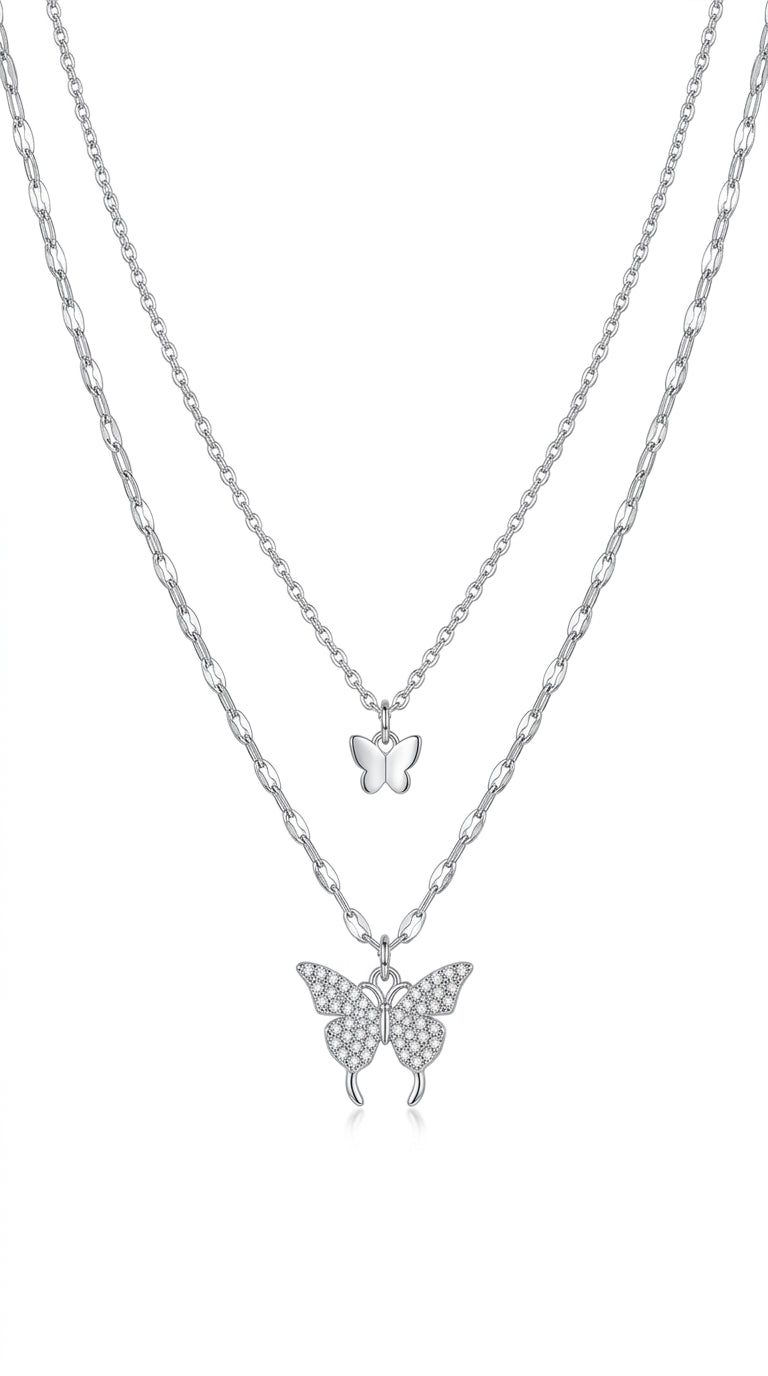 Fashion Jewelry Elegant Silver Color Shiny Butterfly Necklaces Ladies Exquisite Double Layer Clavicle Chain Necklace Jewelry Gift