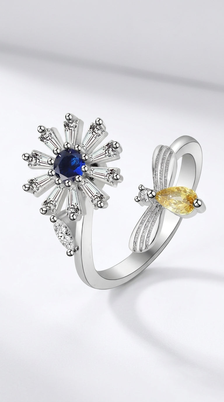 6PCS Anti Anxiety Fidget Ring for Women Open Adjustable Ring CZ Cubic Zirconia Diamond Rings Rotatable Bead Rings Bee Daisy Rings Set for Women Stress Relief