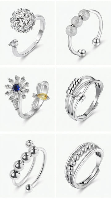 6PCS Anti Anxiety Fidget Ring for Women Open Adjustable Ring CZ Cubic Zirconia Diamond Rings Rotatable Bead Rings Bee Daisy Rings Set for Women Stress Relief