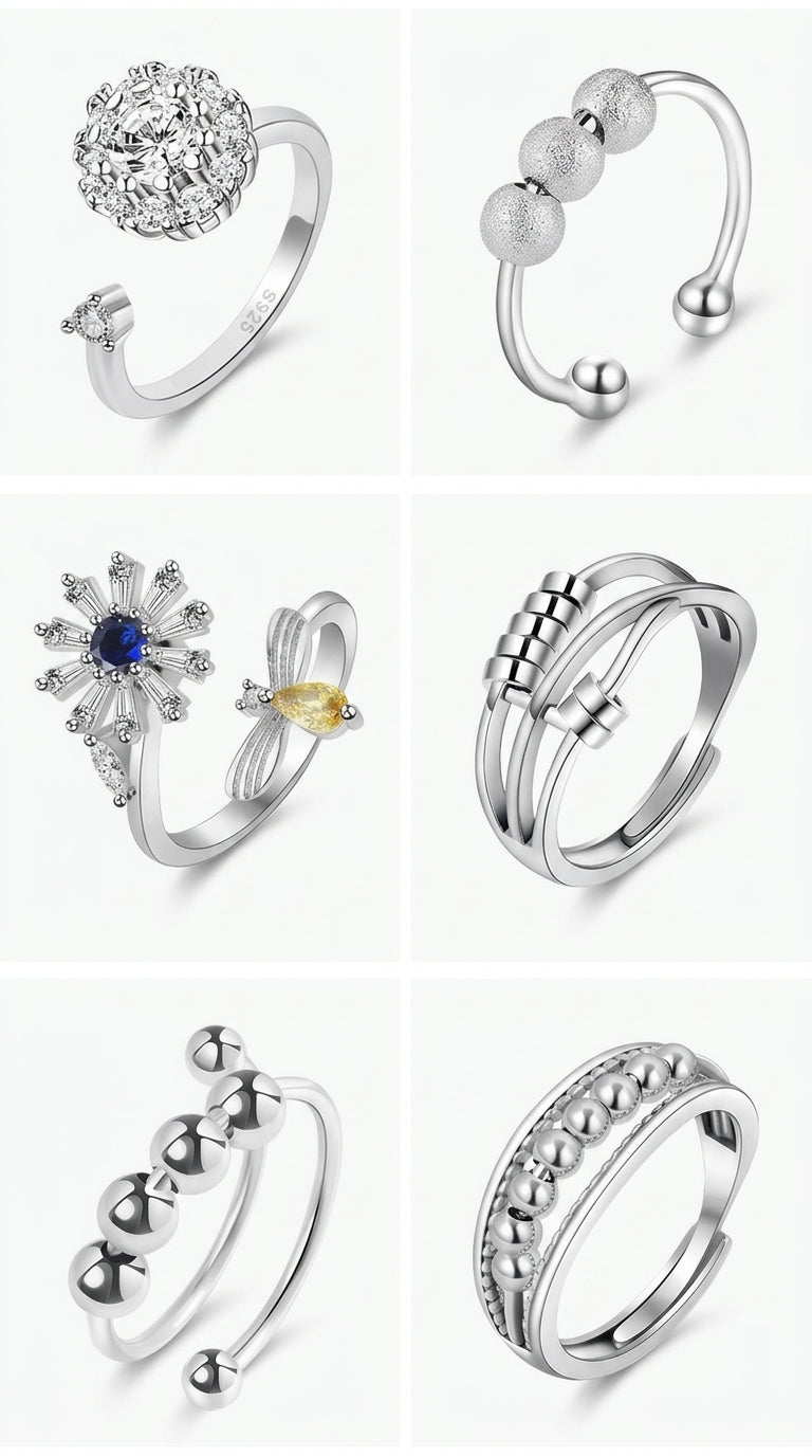 6PCS Anti Anxiety Fidget Ring for Women Open Adjustable Ring CZ Cubic Zirconia Diamond Rings Rotatable Bead Rings Bee Daisy Rings Set for Women Stress Relief
