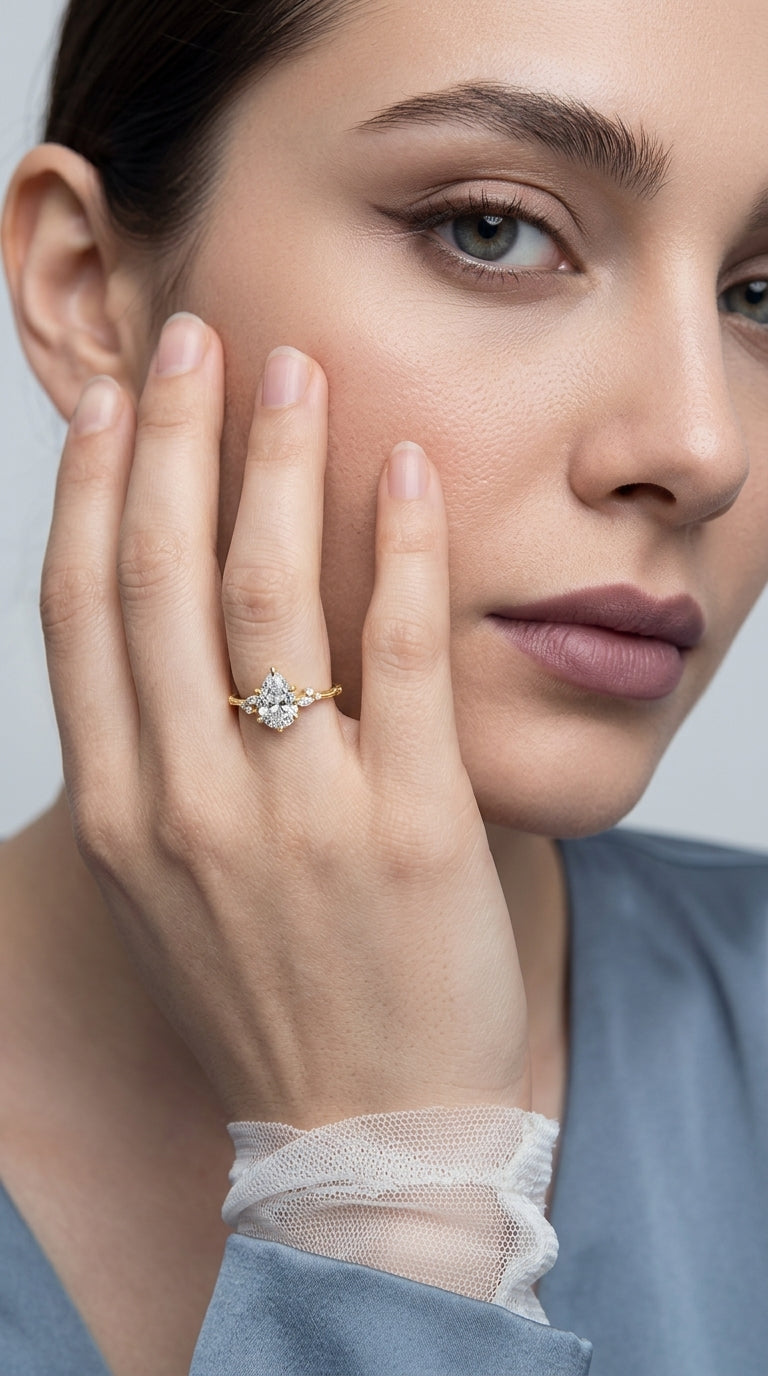 EAMTI 2CT 925 Sterling Silver Engagement Rings Pear Cut Gold Wedding Teardrop Bridal Rings Halo Cubic Zirconia Promise Rings for Women Size 7.5