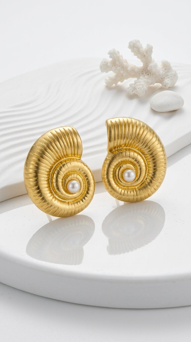 WOWORAMA Gold Conch Shell Earrings for Women Vintage Pearl Ocean Conch Seashell Earrings Boho Statement Sea Snail Stud Earrings Summer Beach Earrings Jewelry