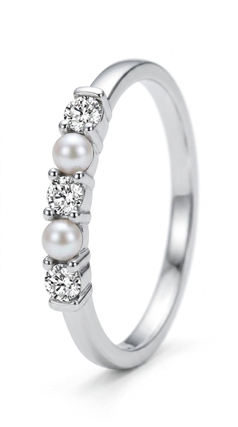 KEQ 925 Sterling Silver Shell Pearl Wedding Bands for Women Stackable Cubic Zirconia Signet Ring Dainty Statement Rings for Her Size 6-8 (CZ RING 7)