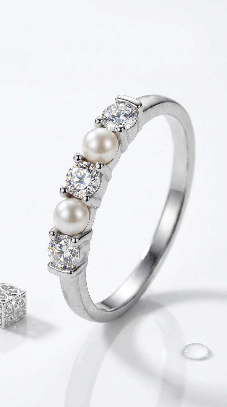 KEQ 925 Sterling Silver Shell Pearl Wedding Bands for Women Stackable Cubic Zirconia Signet Ring Dainty Statement Rings for Her Size 6-8 (CZ RING 7)
